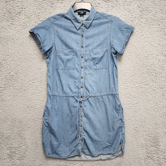 Paige Medium Denim Blue Chambray Dress Womens Medium Button Front Tie Waist Mini - Picture 2 of 13